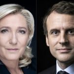 Marine Le Pen e Emanuel Macron lado a lado em fundo preto. Disputa pelas Eleições na França