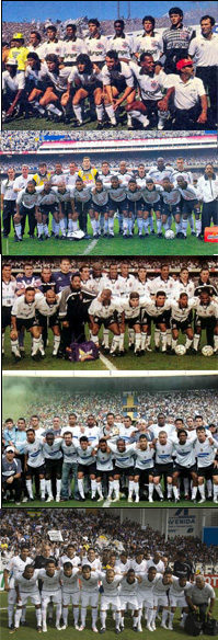 Corinthians, tetracampeão da Série A e 1 vez da Série B (de cima para baixo): 1990, 1998, 1999, 2005 e 2008