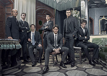 Da equerda para a direita: Nikolay Davydenko, Gilles Simon, Andy Murray, Novak Djokovic, Roger Federer, Jo-Wilfried Tsonga e Juan Martin del Potro