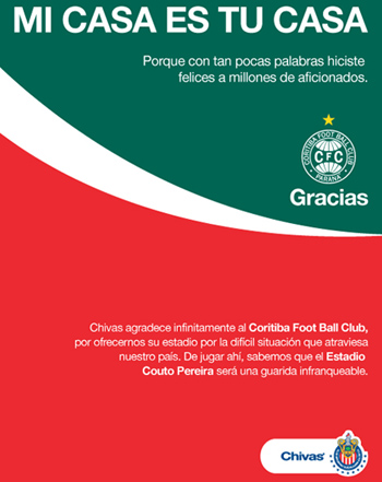 Mensagem do Coritiba para o Chivas-MEX