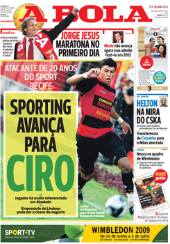 Capa do jornal A Bola, de Portugal (19-06-09)