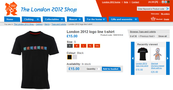 Site dos Jogos Olímpicos de 2012, em Londres (loja oficial). Reprodução da internet