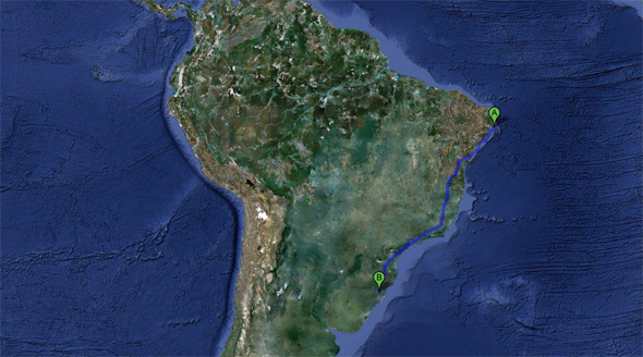 Mapa, com a distância entre Recife e Porto Alegre: 2.977 quilômetros