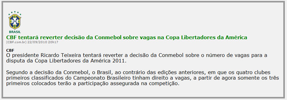 Comunicado da CBF sobre a decisão da Conmebol na Libertadores