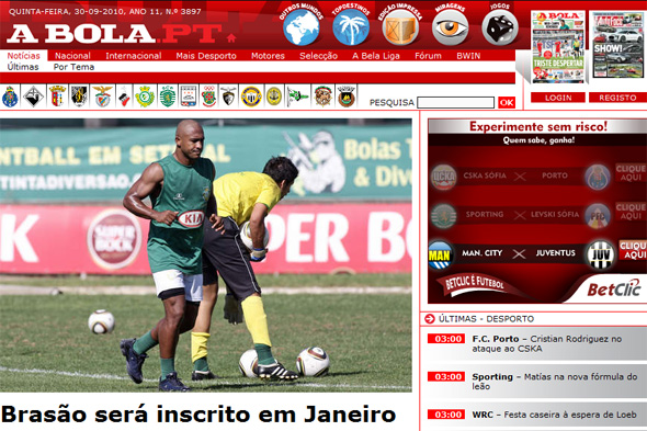 Brasão treina no Vitória de Setúbal, de Portugal. Reprodução do jornal A Bola