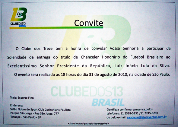 Carta do Clube dos 13 fazendo convite ao presidente do Santa Cruz, FBC, a evento com o presidente Lula, em agosto de 2010. Imagem: Santa Cruz/divulgação