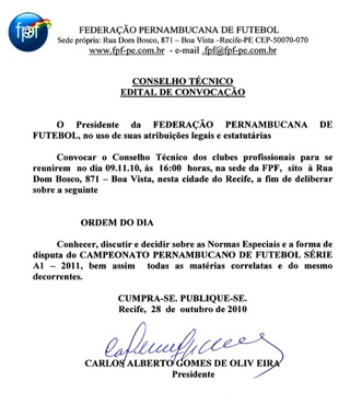 Documento da FPF sobre o Conselho Arbitral do Campeonato Pernambucano de 2011