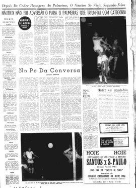Diario de Pernambuco de 1967 sobre o primeiro jogo da final da Taça Brasil entre Náutico e Palmeiras, na Ilha do Retiro