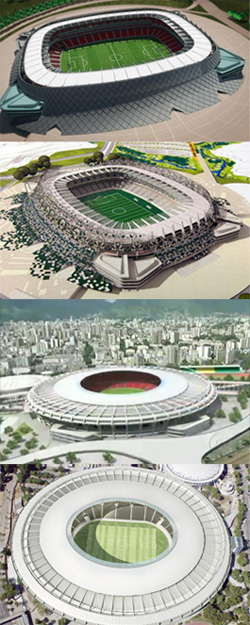 Projetos antigos (cinza) e novos (vermelho) da Arena Pernambuco e do Maracanã. Imagens: divulgação