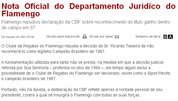 Nota oficial do Flamengo (23/12/2010) sobre o Brasileiro de 1987