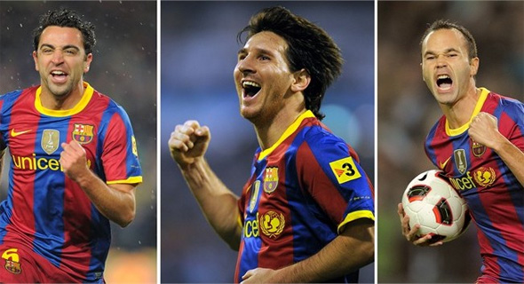 Trio de ouro Barcelona: Xavi, Messi e Iniesta. Foto: Fifa/divulgação