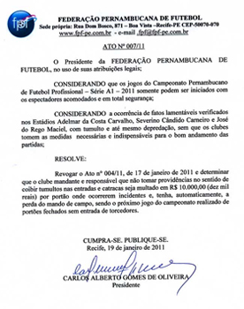 Documento da FPF sobre a perda de mandos de campo no Estadual de 2011