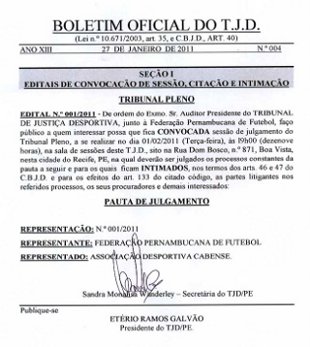 Convocação do TJD para o julgamento do jogo Salgueiro x Cabense, em 2011