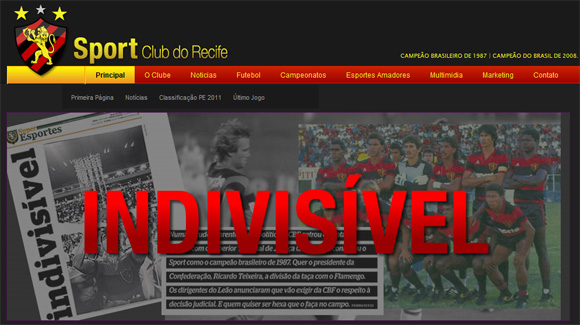 Site oficial do Sport após o anúncio da CBF dividindo o título brasileiro de 1987