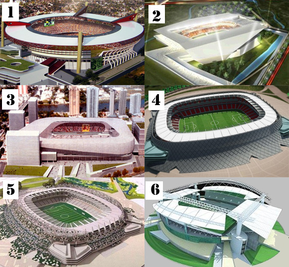 Arenas lançadas em Pernambuco desde 2007. 1) Arena Coral, 2) Timbarena, 3) Arena Sport, 4) Arena Pernambuco (modelo atual), 5) Arena Pernambuco (modelo antigo), 6) Arena Recife Olinda