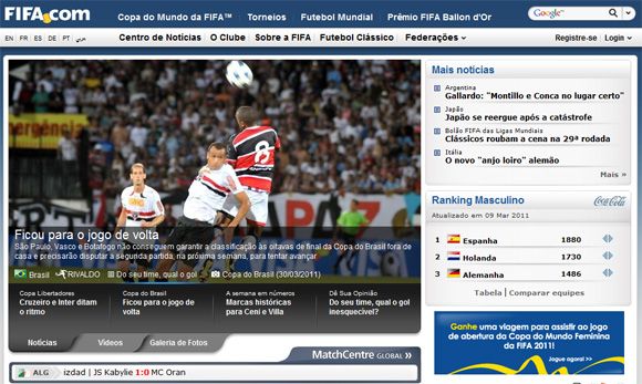 Site oficial da Fifa em 31/03/2011, com a vitória do Santa Cruz sobre o São Paulo, na Copa do Brasil