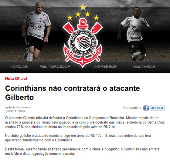 Nota oficial do Corinthians sobre Gilberto, do Santa