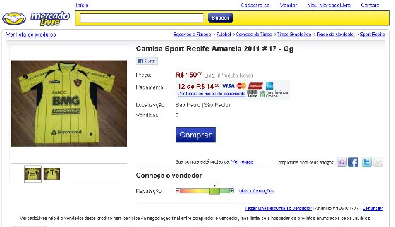 Camisa amarela do Sport. Crédito: Mercado Livre/reprodução