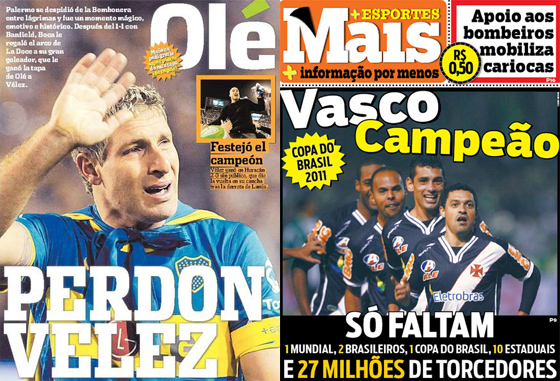 Jornais Olé (13/06/2011), de Buenos Aires, e Mais (09/06/2011), do Rio de Janeiro