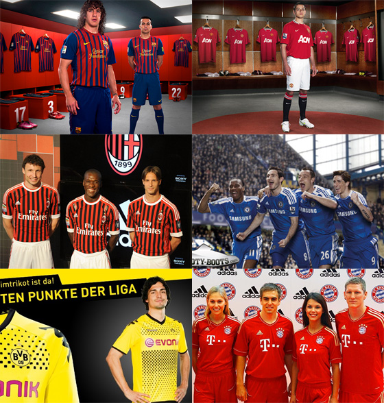 Uniformes para a temporada 2011/2012 de Barcelona, Manchester United, Milan, Chelsea, Borussia Dortmund e Bayern de Munique
