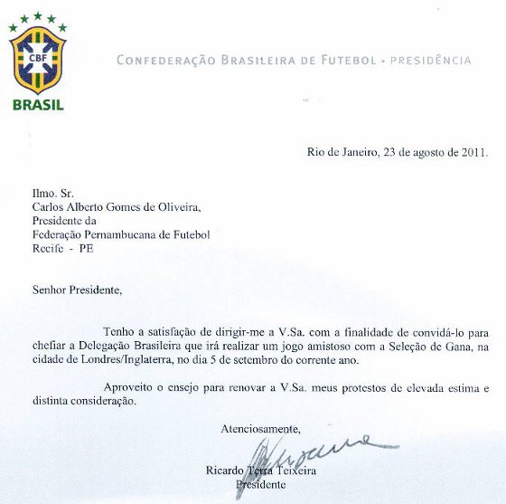 Convite da FPF à CBF para o amistoso Brasil x Gana. Crédito: FPF/divulgação