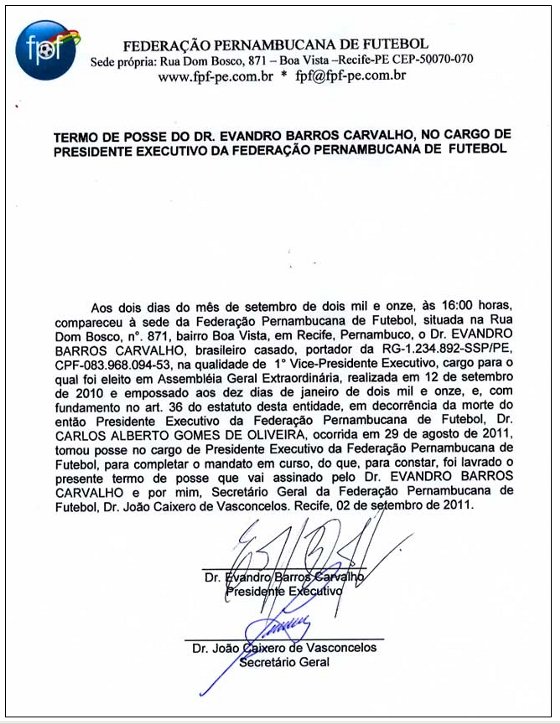 Termo de posse do novo presidente da FPF, Evandro Carvalho