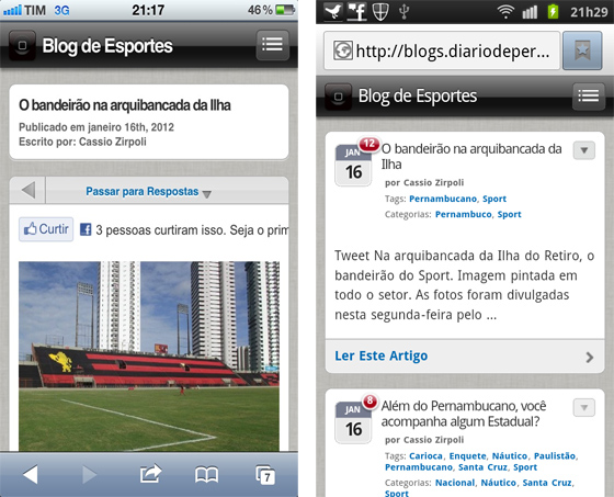 Blog na versão mobile, iPhone e Android