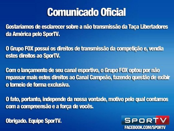 Comunicado do Sportv sobre a transmissão da Libertadores de 2012