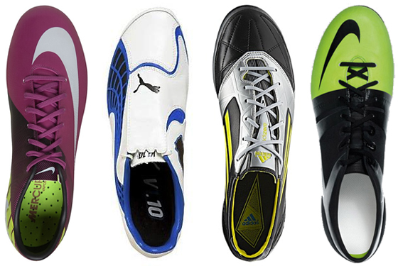 Chuteiras Mercurial Superfly (Nike), V1.10 (Puma), AdiZero (Adidas) e Green Speed (Nike). Crédito: divulgação