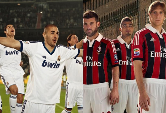 Uniformes de Real Madrid e Milan para a temporada 2012/2013. Crédito: Adidas/divulgação