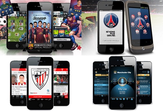 Aplicativos pra smartphone de Barcelona, PSG, Athletic de Bilabo e Manchester City. Crédito: divulgação