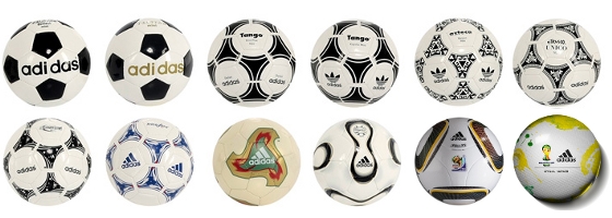 Bolas da Copa do Mundo de 1970 a 2014 (ainda em desenvolvimento), da Adidas