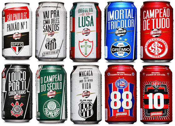 Cervejas personalizadas da Brahma em 2012 de São Paulo, Palmeiras, Corinthians, Santos, Portuguesa, Ponte Preta, Grêmio, Internacional, Bahia e Vitória. Crédito: Brahma/divulgação