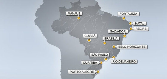 Mapa das cidades-sede da Copa do Mundo de 2014. Crédito: Fifa