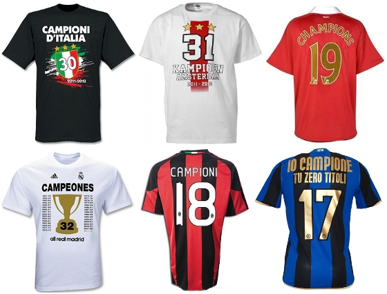 Camisas de conquistas naionais de Juventus, Ajax, Manchester United, Real Madrid, Milan e Internazionale