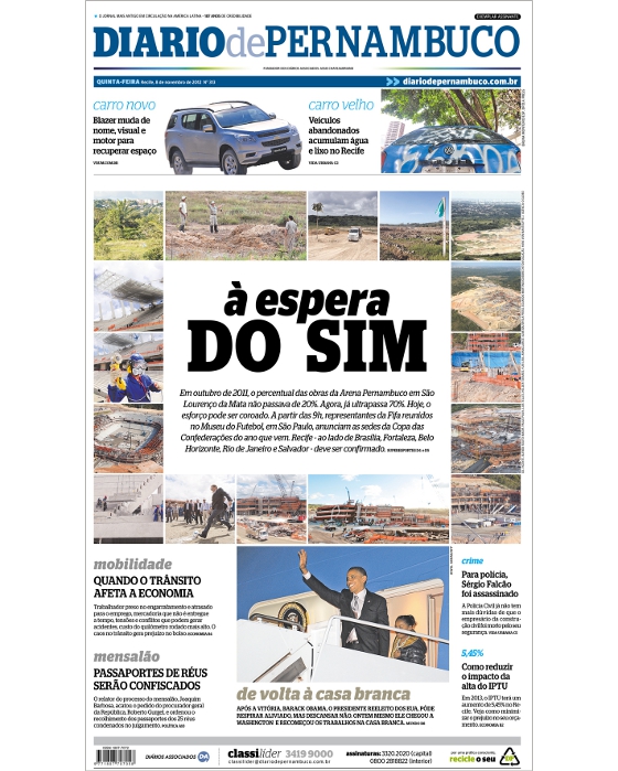 Capa do Diario de Pernambuco: 08/11/2012