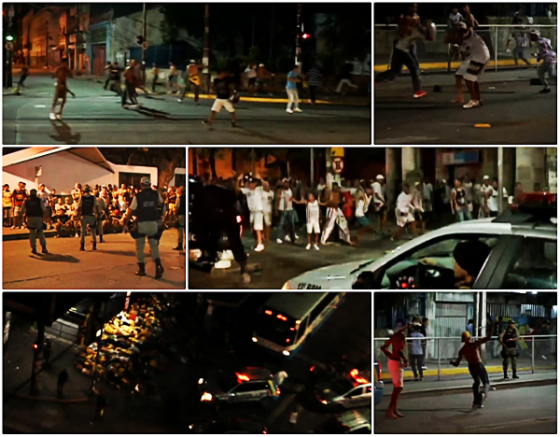 Cenas de violência após o clássico Sport 3x0 Santa Cruz, em 06/03/2014. Imagens: TV Clube/reprodução, VT Brasil e Camera Olho, ambos via Youtube