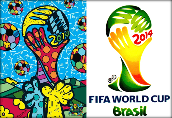 Quadro de Romerto Britto para a Copa do Mundo de 2014 e o logotipo oficial do Mundial