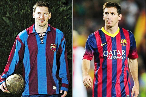 Messi com a camisa retrô do Barça e o padrão oficial de 2014