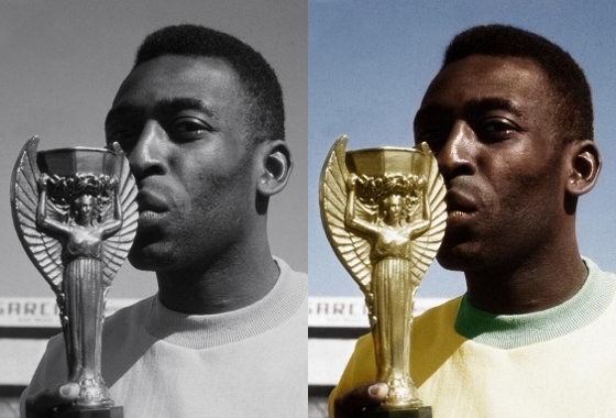 Foto original e colorizada de Pelé após a Copa do Mundo de 1962. Crédito: twitter.com/coloredhistory