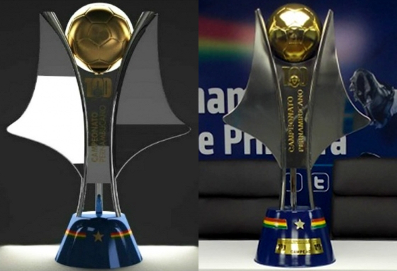 Projeto do troféu do 100º Campeonato Pernambucano e versão final da taça. Crédito: FPF