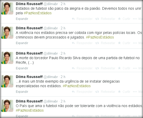 Tuitadas da presidente Dilma Rousseff sobre a morte de um torcedor no Arruda. Crédito: twitter/reprodução