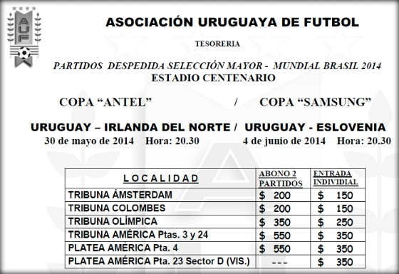 Preços dos ingresos para os dois amistosos do Uruguai antes da Copa do Mundo de 2014. Crédito: AUF/site oficial