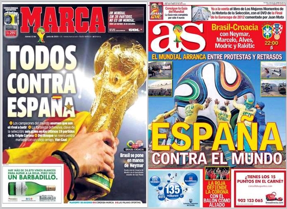 Jornais Marca e AS na abertura da Copa do Mundo, em 12 de junho de 2014