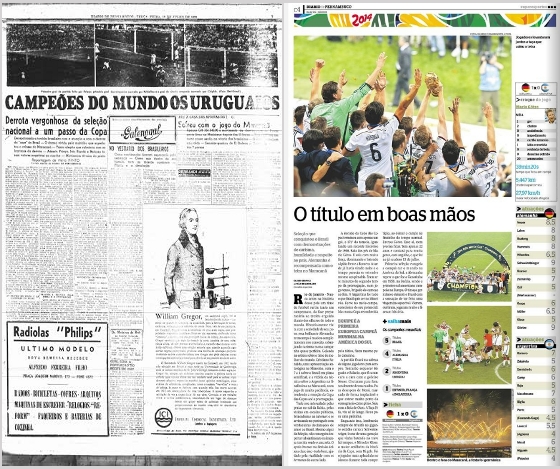 Reportagens do Diario de Pernambuco nas finais da Copa do Mundo de 1950 e 2014. Crédito: Cedoc/DP/D.A Press