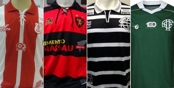 As camisas do centenário de Náutico (2001), Sport (2005), Santa Cruz (2014) e América (2014)