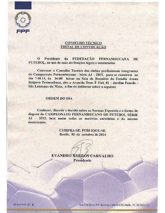 Edital do Conselho Arbitral do Pernambucano de 2015. Crédito: site oficial da FPF