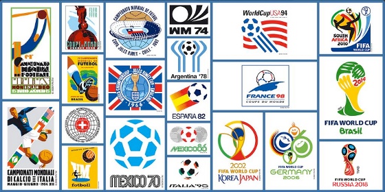 Emblemas oficiais da Copa do Mundo de 1930 a 2018. Crédito: Fifa