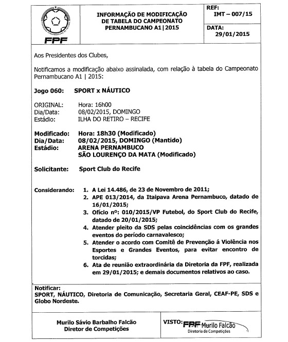 Decisão da FPF confirmando o clássico Sport x Náutico para a Arena Pernambuco, em 2015