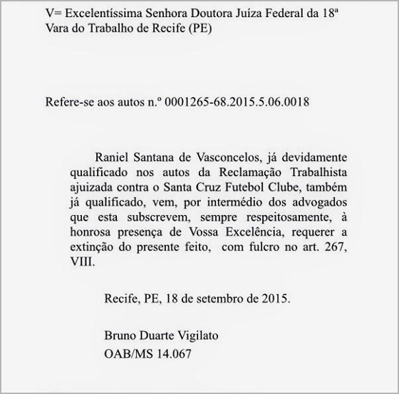 Documento comprovando a retirada da ação de Raniel contra o Santa Cruz. Crédito: Santa Cruz/facebook